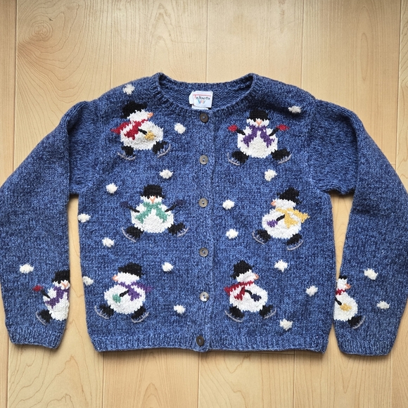 Vintage 1990s Y2K Talbots Kids snowman winter holiday cardigan knit sweater - Picture 7 of 9